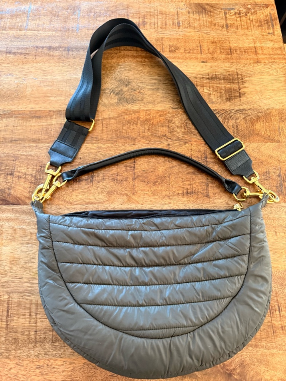 THINK ROYLN Quilted Crescent Shoulder Bag inolive green with Black Strap- leathe